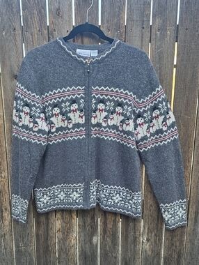 croft & barrow Gray Zip Up Cardigan Sweater Red Stripe Snowmen Snowflake Details